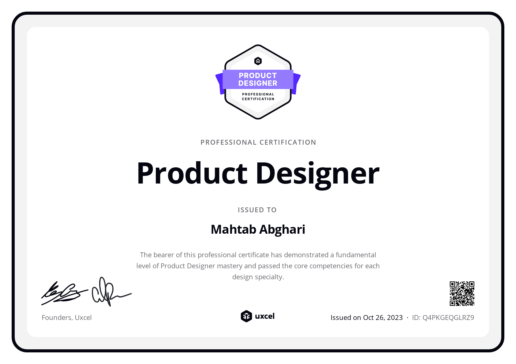Mahtab Abghari's certificate